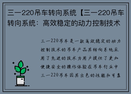 三一220吊车转向系统【三一220吊车转向系统：高效稳定的动力控制技术】