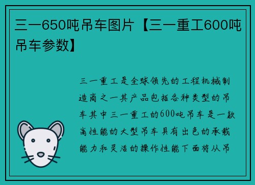 三一650吨吊车图片【三一重工600吨吊车参数】