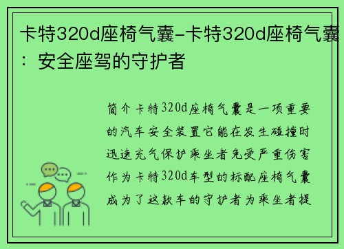 卡特320d座椅气囊-卡特320d座椅气囊：安全座驾的守护者